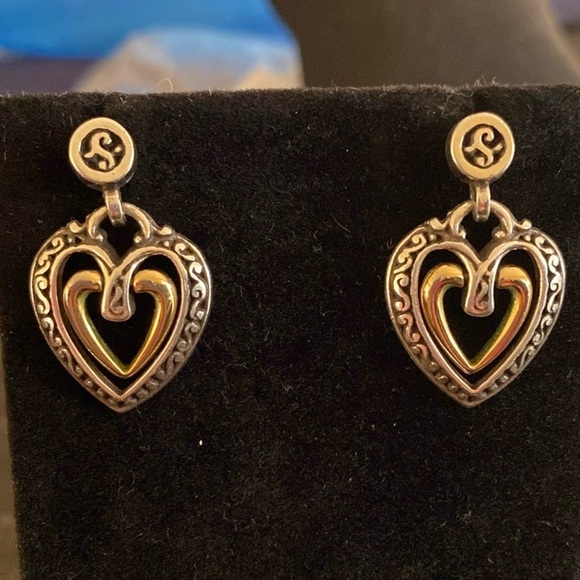 Brighton Ellington vintage retired silver and gold heart dangle post earrings - Picture 1 of 5